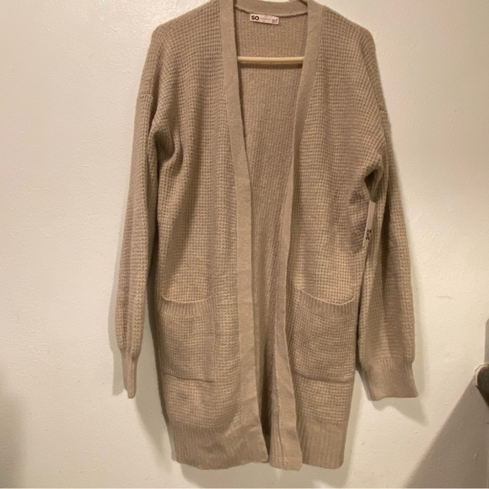 So Waffle Stitch Open Cardigan Sweater Women’s Size‎ Medium Tan Pockets New